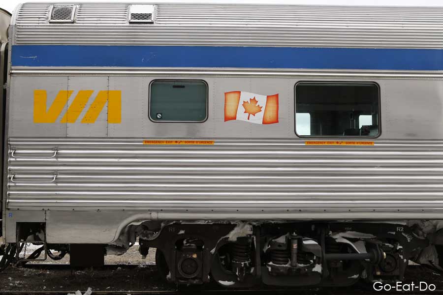 Canada's national flag on a Via Rail railway carriage.