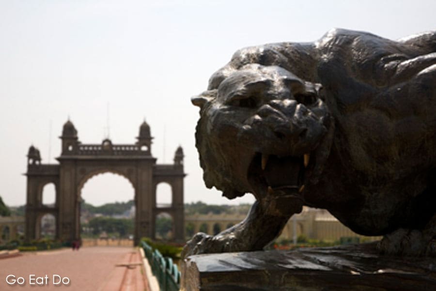 Statue of a snarling tiger stands in the grounds of Mysore's Amba Vilas Palace, one of the points of interest on the route of the Golden Chariot
