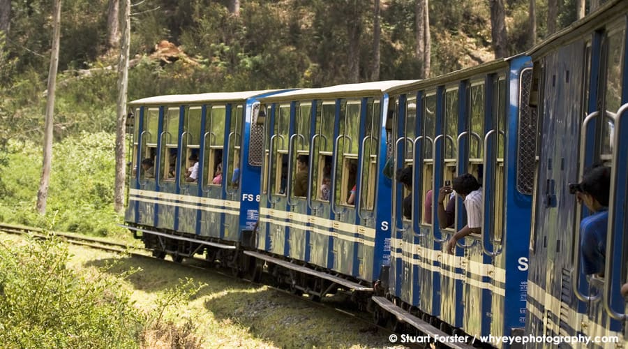 People look out of the windows of a train running on the Nilgiri Mountain Railway, a UNESCO World Heritage Site in Tamil Nadu, India