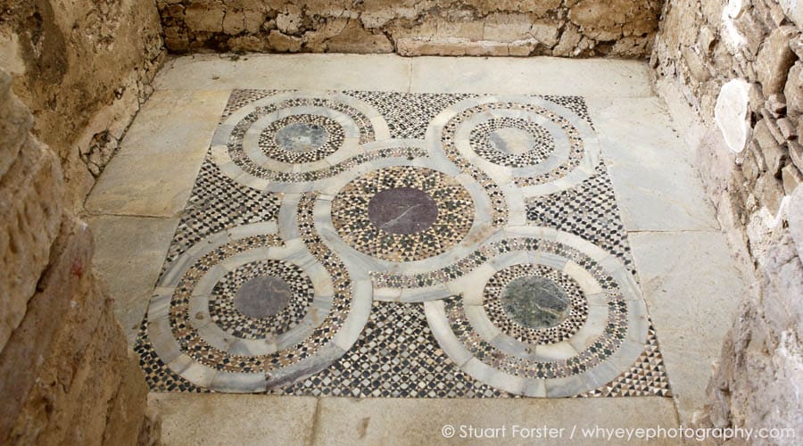 Circular patterns on mosaic flooring at Zygou Monastery near Ouranpoli, Greece
