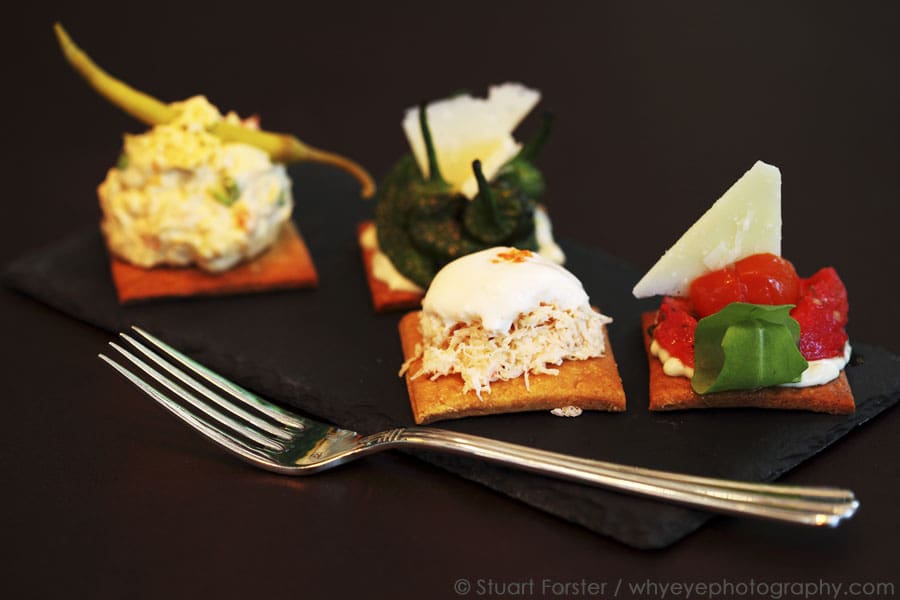 Selection of Pinchos (bite sized tapas served on freshly cooked bread) is served at Ibérica La Terraza Spanish restaurant in London, England