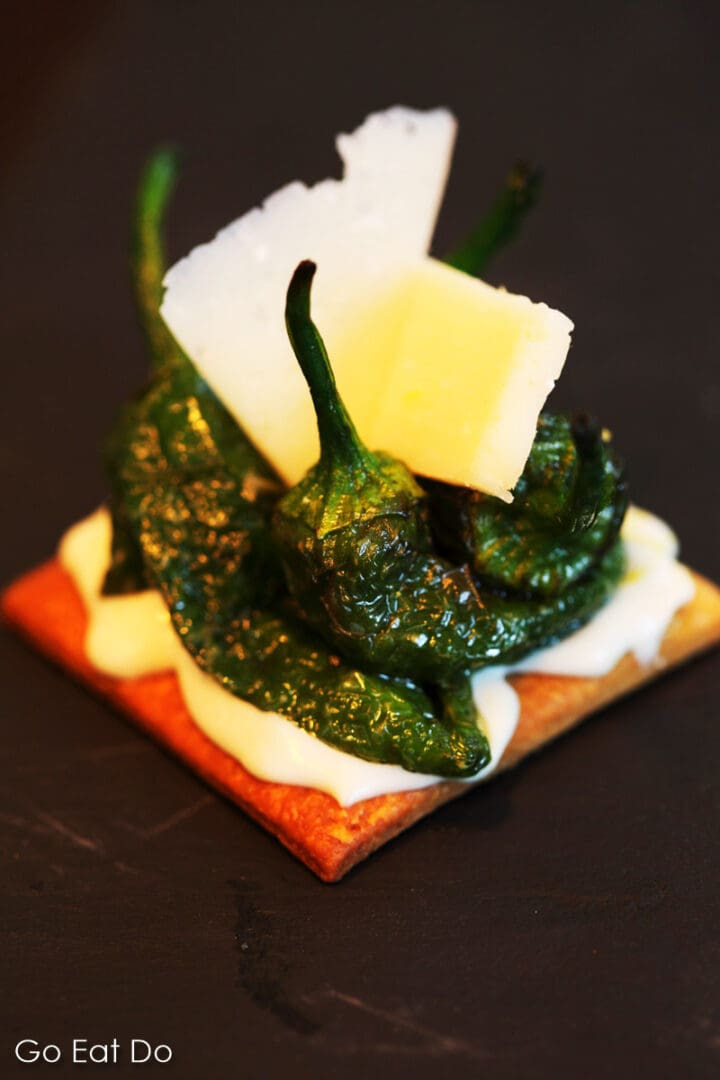 A pincho of padron peppers, cream cheese, lemon and cheese served at the Ibérica La Terraza restaurant in London