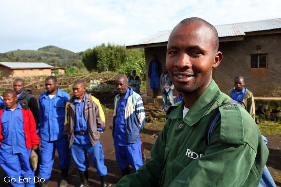 Francis, a guide on gorilla treks in the Rwandan national park that's known in French as the Parc National des Volcan