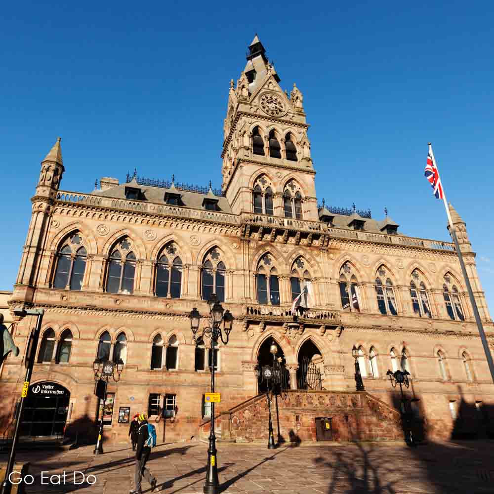 Facade of Chester town hall, a Victorian Gothic Revival building in Cheshire, England