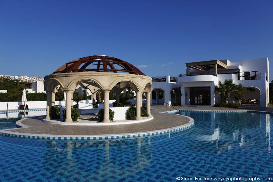 Swimming pool and Avantis restaurant at Lindian Village luxury resort on the Greek island of Rhodes, Greece