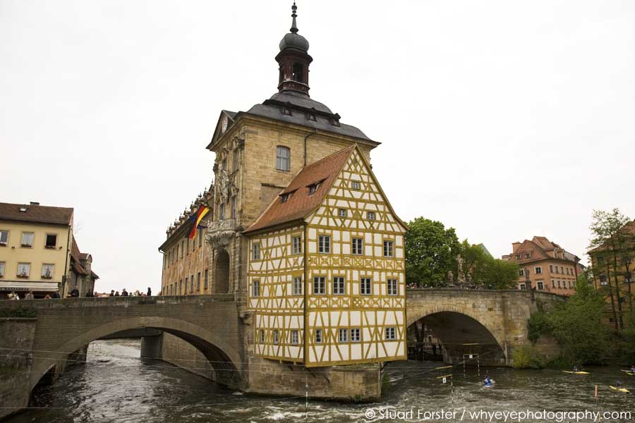 The Rathaus (Town Hall) over the River Regnitz on an overcast day in Bamberg, Bavaria, Germany