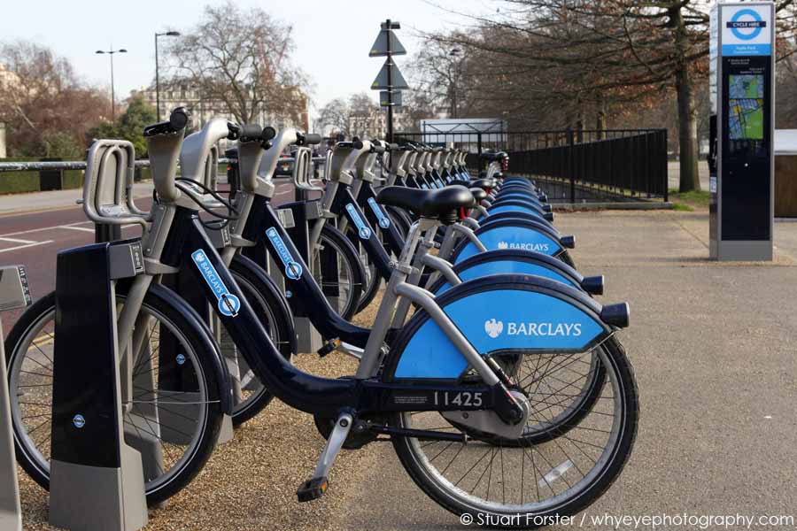 Barclays Cycle Hire station at Cumberland Gate in London, England