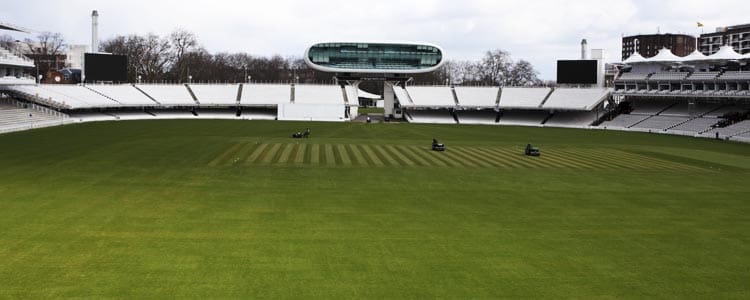 Lord's Cricket Ground sloping on an overcast day in London, England