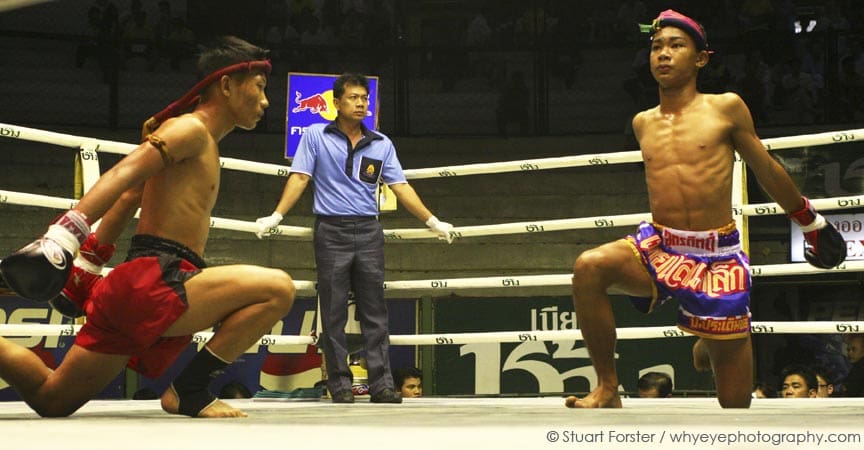 Thai boxers in preparation for a Muay Thai fight at Rajadamnern Stadium in Bangkok, Thailand