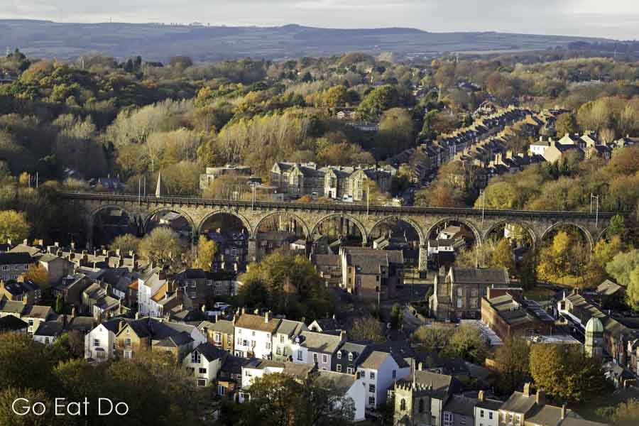 A Victorian railway viaduct carried carries the United Kingdom's East Coast Mainline through Durham City, facilitating rail connections with London, Edinburgh and other cities