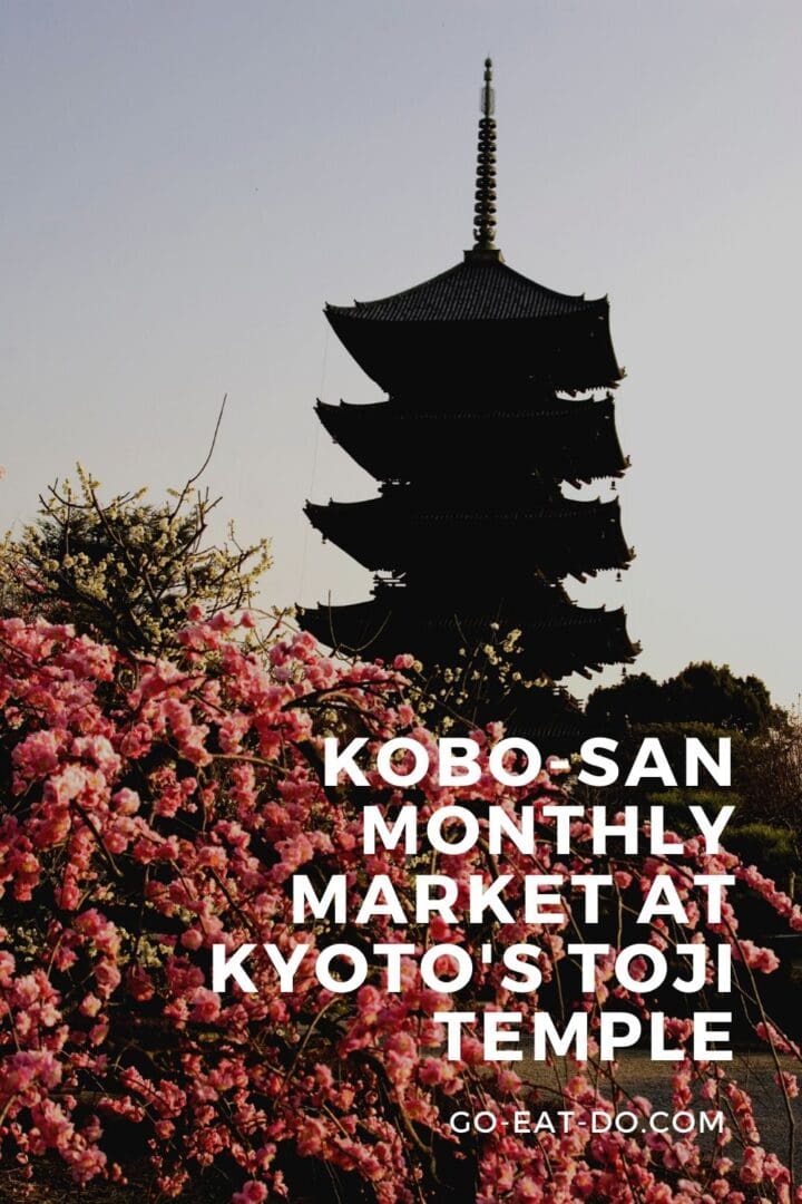 Pinterest pin for Go Eat Do's post about visiting the Kobo-san monthly market at Kyoto's Toji Temple in Japan