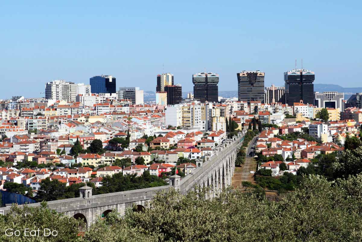 View of Lisbon across the Aguas Livres Aqueduct (Aqueduto das Aguas Livres) which carries water into the Portuguese capital