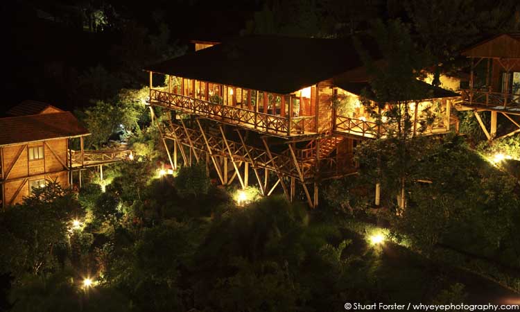 Cormoran Lodge by Lake Kivu in Rwanda. The stilted buildings of Cormoran Lodge are situated just outside the town of Kibuye. Photo by Stuart Forster.