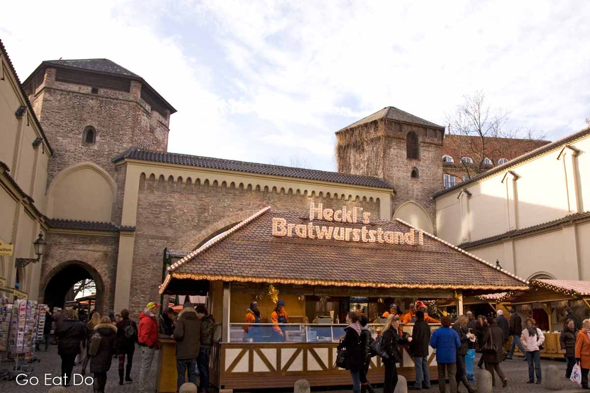 Bratwurst stand at the Christkindlmarkt at Sendlinger Tor in Munich, Germany.