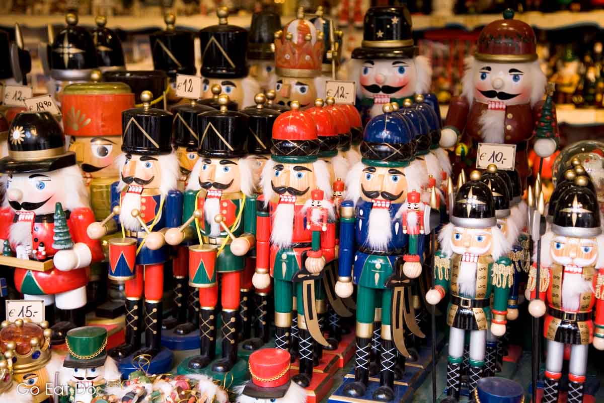 Colourful wooden figures on sale at one of the traditional Christmas markets in Austria.
