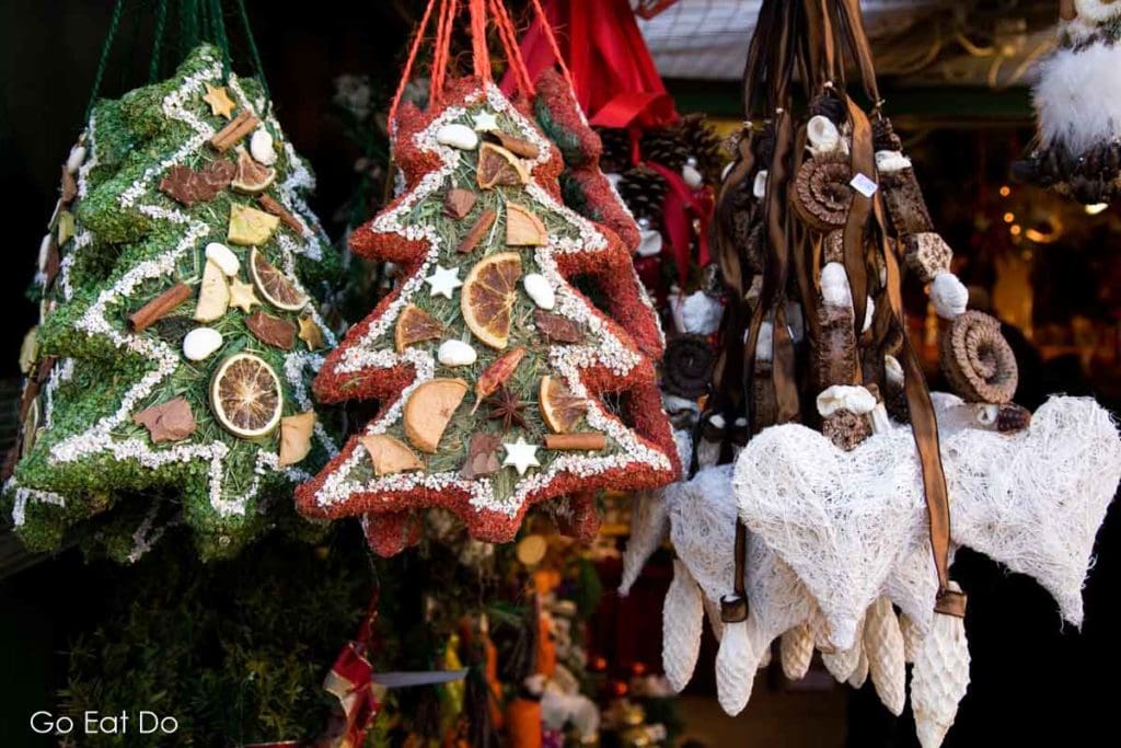 Handmade Christmas decorations on sale at the Salzburger Christkindlmarkt.
