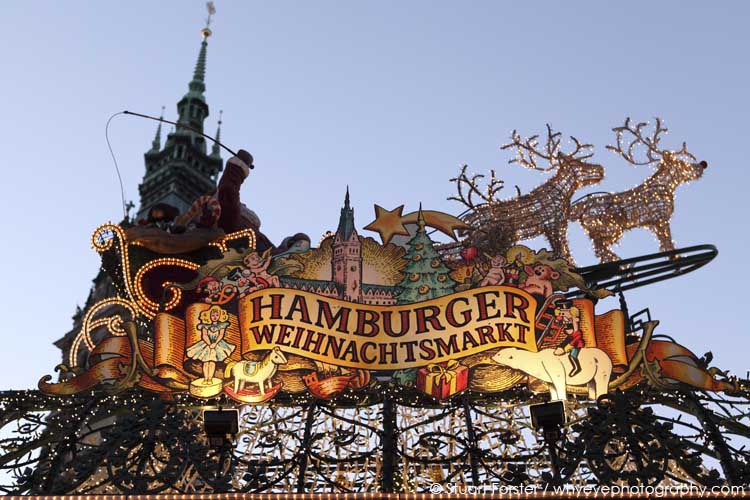 Sign at Hamburg Christmas Market in front of the city hall in Hamburg, Germany.