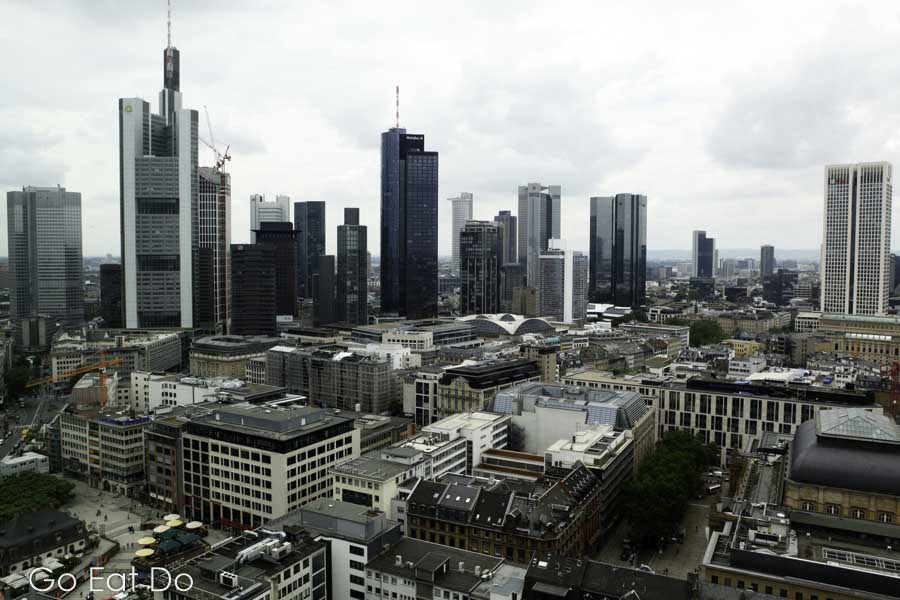 View of the Mainhattan skyline, skyscrapers in Frankfurt-am-Main, from a window in the Jumeirah Frankfurt hotel