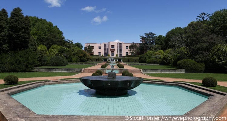 Fountain and Art Deco villa at Serralves Contemporary Art Museum in Porto, Portugal