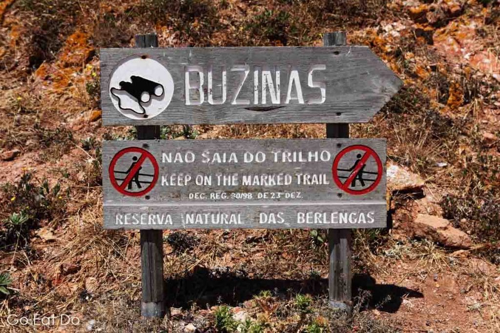 Sign indicating a scenic viewing spot on the Berlengas Islands off Portugal. The Reserva Natural das Berlengas is home to many seabirds