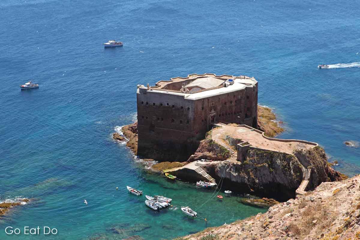 View of the Fort of São João Baptista, the fortress known in Portuguese as the Forte de São João Baptista on the Berlengas Islands, seen during a break from scuba diving in Portugal