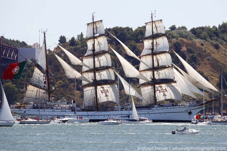 Sagres tall ship sails on the River Tagus during the 2012 Tall Ships Race as it departs Lisbon, Portugal