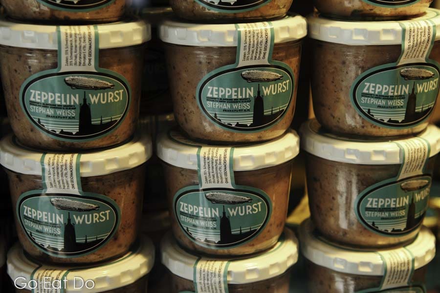 Jars of Zeppelin Wurst (Zeppelin Sausage), a regional delicacy, on sale in Frankfurt am Main, Germany