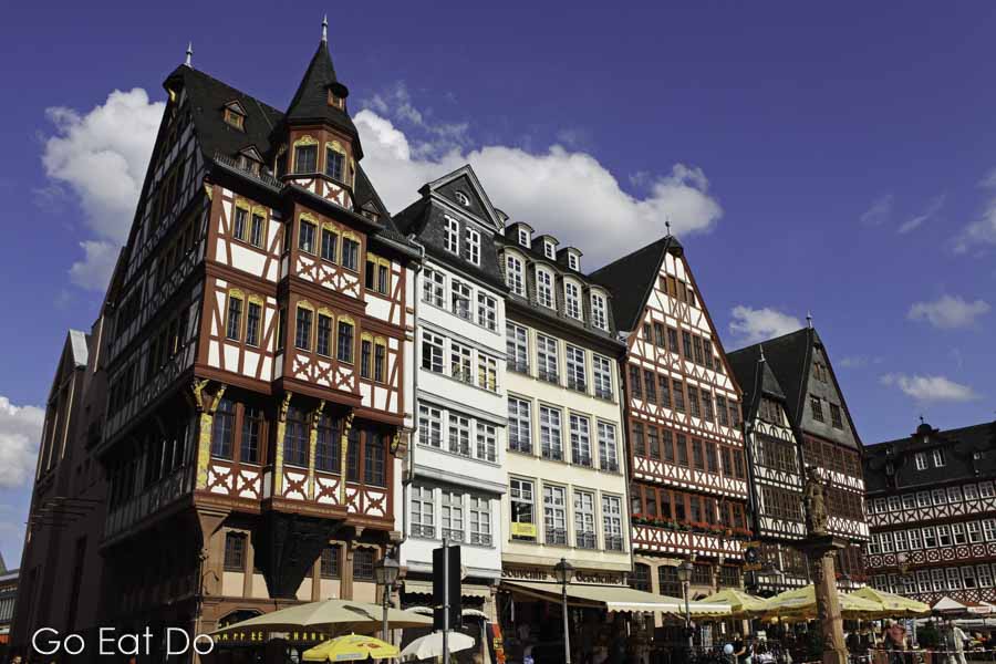 Reconstructed half-timbered buildings at the Römerberg market place, also known as the Samstagsberg, in Frankfurt am Main, Germany