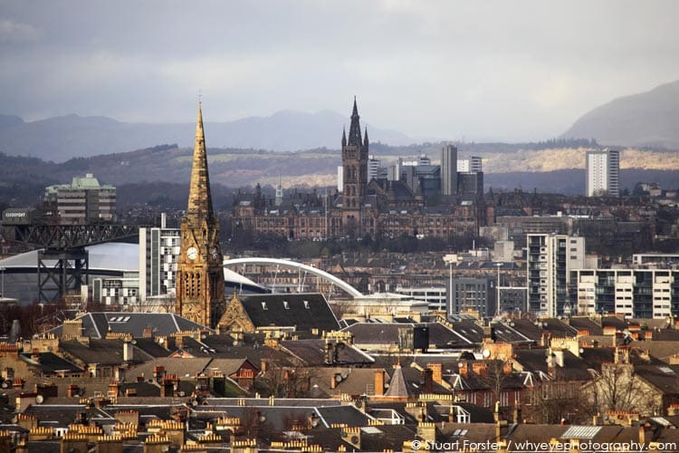 The Gothic style University of Glasgow Library, Clyde Arc bridge and Campsie Fells in a cityscape from in Glasgow, Scotland