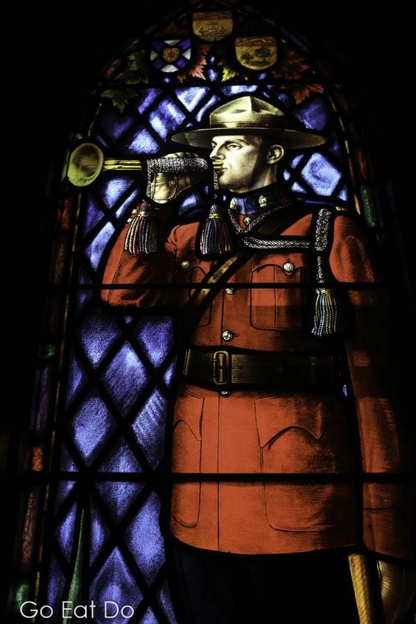 Mountie depicted on stained glass at the chapel at the Royal Canadian Mounted Police (RCMP) Depot in Regina, Saskatchewan