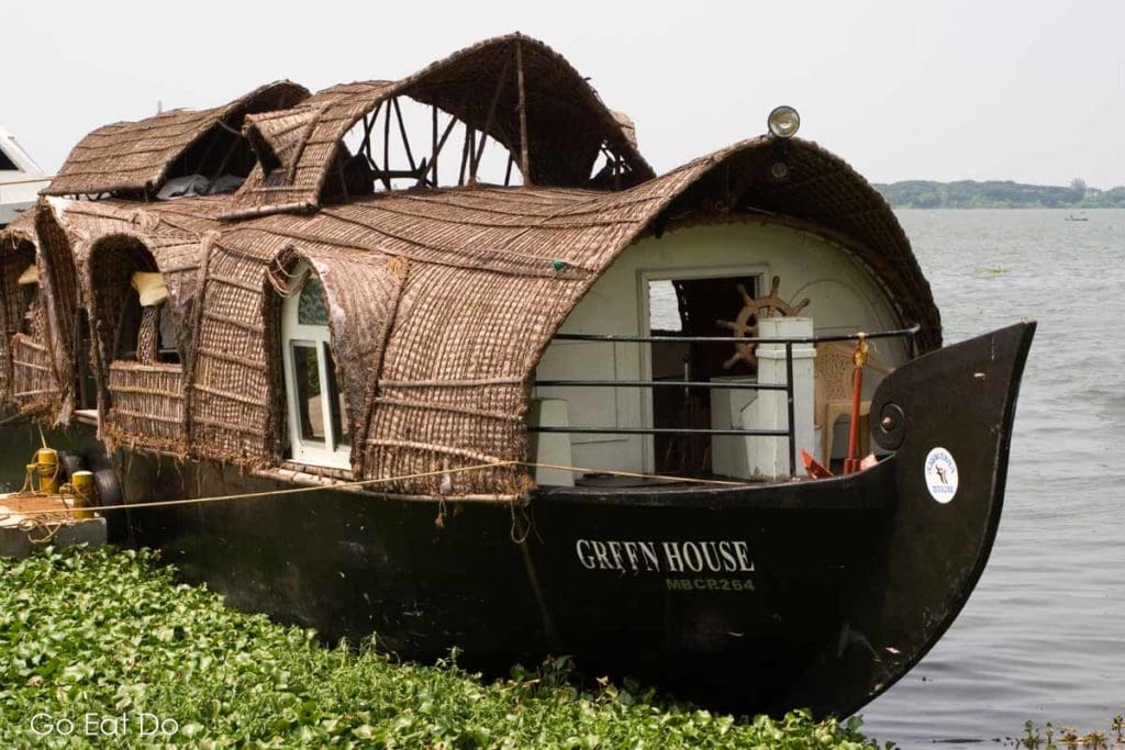 A Kerala houseboat moored between journeys on the backwaters of southern India.