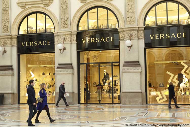 Window of the Versace store in the Galleria Vittorio Emanuele II shopping mall in Milan, Italy