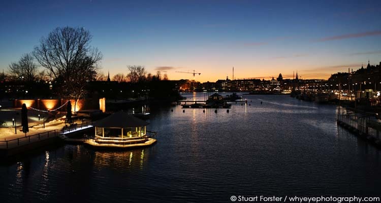The waterfront in Stockholm, Sweden, seen at dusk on a Friday night
