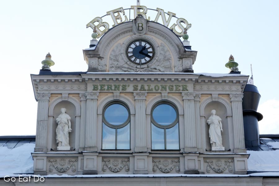 Sign for the long-established Berns Hotel, which offers boutique guestrooms in Stockholm, Sweden