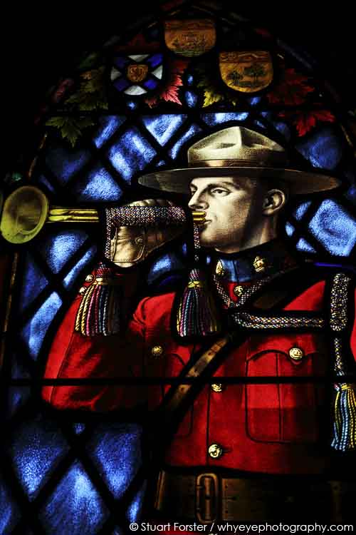 Mountie in stained glass at the chapel at the Royal Canadian Mounted Police (RCMP) Depot in Regina, Saskatchewan.