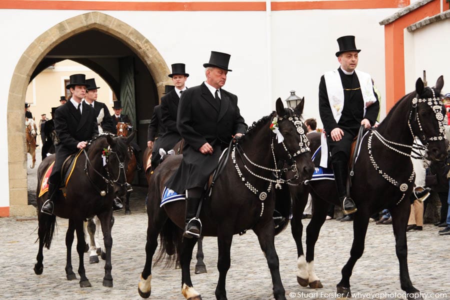 Horses and riders during the Osterreiten (Easter Riding) procession at Panschwitz-Kuckau in Saxony, Germany