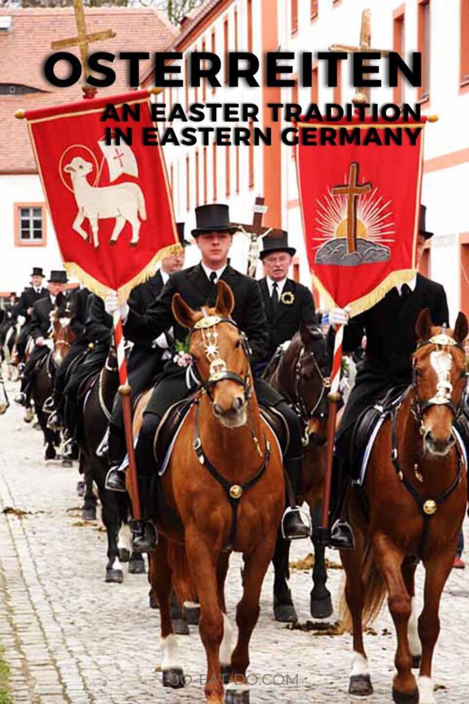 Pinterest pin for Go Eat Do's blog post about Osterreiten, an Easter tradition of Sorb communities in eastern Germany