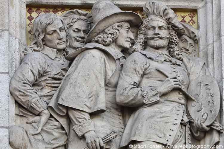 Dutch Golden Age artists on the facade of the Rijksmuseum in Amsterdam, the Netherlands.