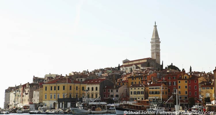 St Euphemia Cathedral rises above the Old Town and fishing port of Rovinj, Istria, Croatia