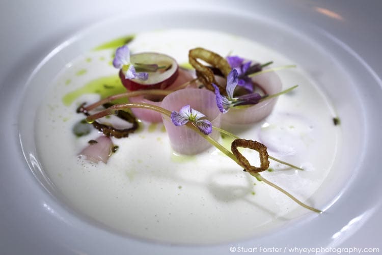 A broth made from goat's cheese served with shallots, radish flowers and pickled onion served at Restaurant de Jong.