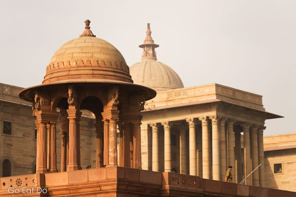 A chhattri on a platform by the South Block Secretariat Building in New Delhi, India.
