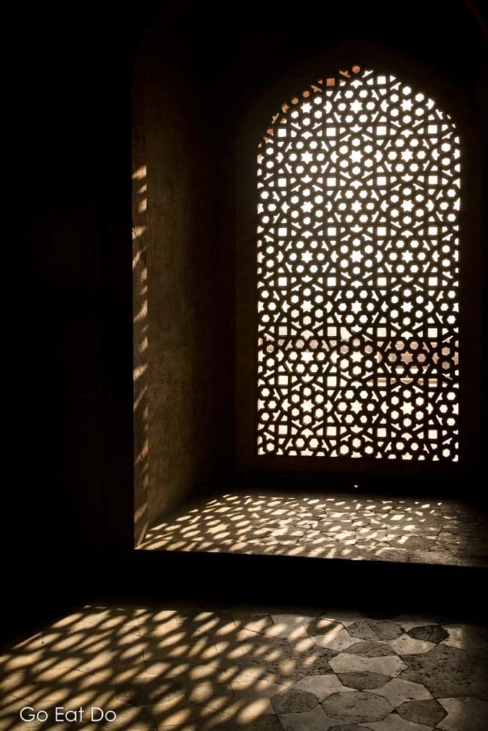 A lattice jaali style window in the chamber of Humayan's Tomb, the first major example of Mughal architecture in Delhi.