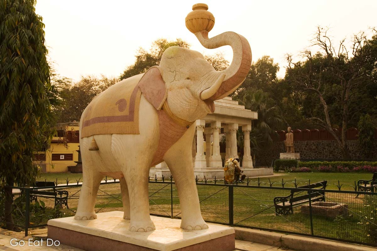 Asian elephant sculpture in the garden of the Laxminarayan Temple, known as the Birla Mandir, in Delhi, India.
