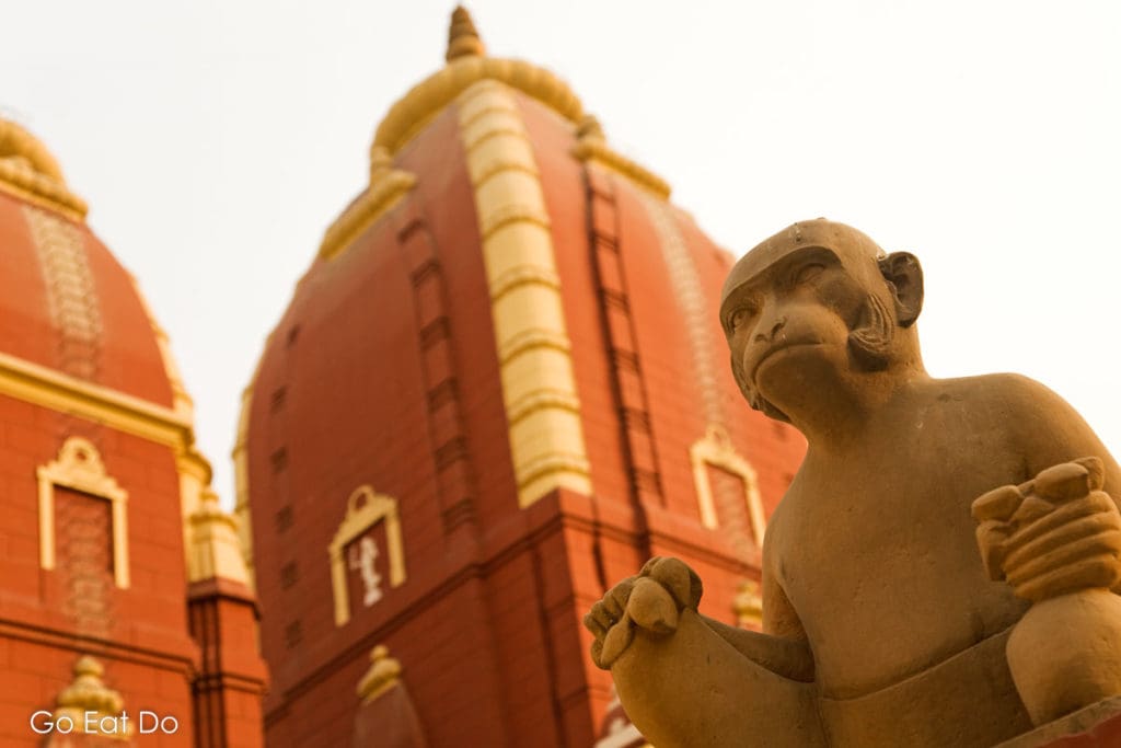 Monkey sculpture outside of the Laxminarayan Temple, the Birla Mandir, in India's capital city.