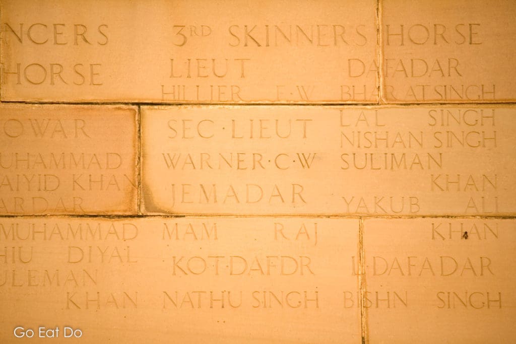 Names of servicemen and regiments who served in the British Indian Army during World War One on India Gate.