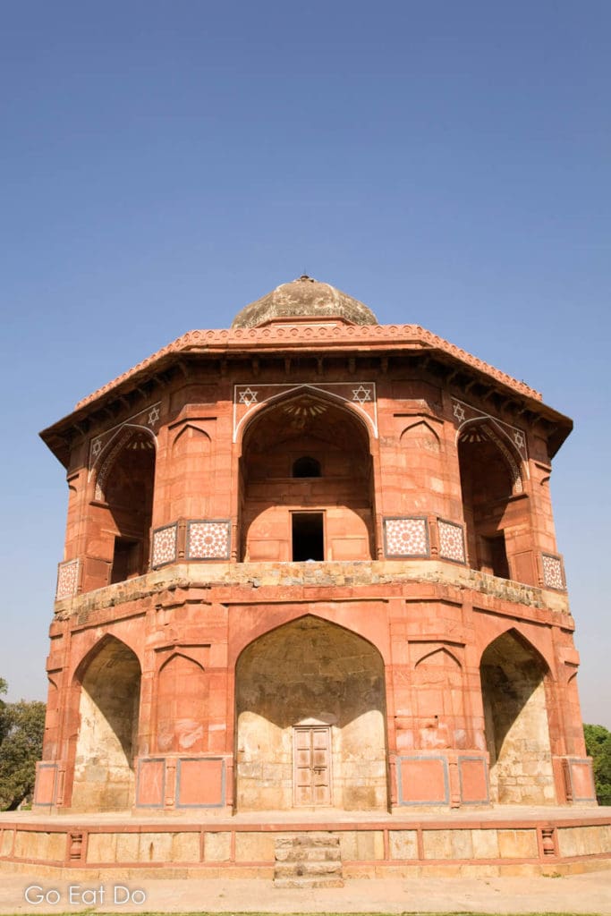 The octagonal Sher Mandal tower, an example of Mughal architecture at the Purana Qila in Delhi, India