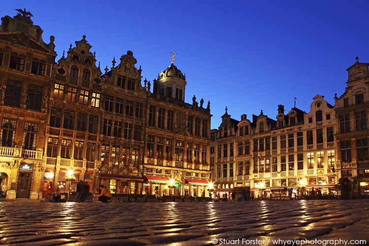 Illuminated facades seen during the blue hour on the Grand Place, also known as the 'Grote Markt' and 'La Grand-Place', in Brussels, Belgium