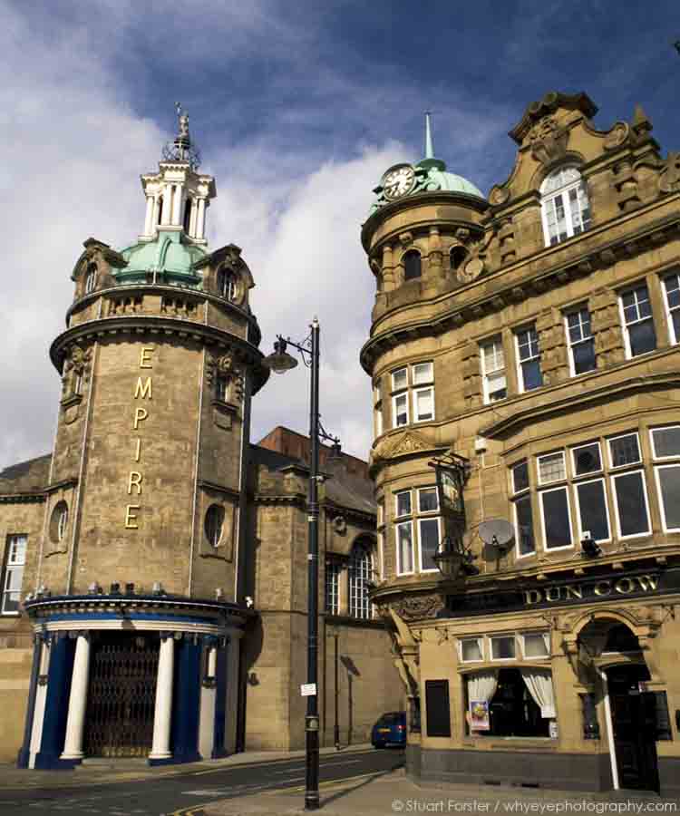 The Edwardian facades of the Sunderland Empire theatre and Dun Cow pub.
