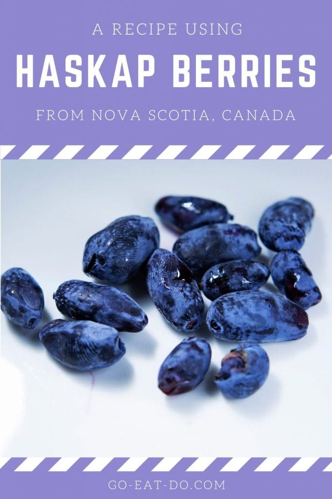 Pinterest pin for the Go Eat Do blog post with a recipe using haskap berries from Nova Scotia, Canada