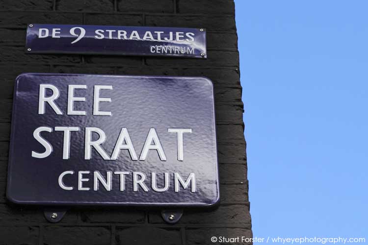 Sign for Ree Straat in the Negen Straatjes (Nine Streets) in central Amsterdam.